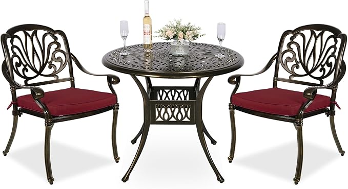 MEETWARM 3 Piece Patio Bistro Set, Outdoor All-Weather Cast Aluminum Dining Furniture Set Includes 2 Cushioned Chairs and a 35.4” Round Table with Umbrella Hole for Garden Deck, Chili Red