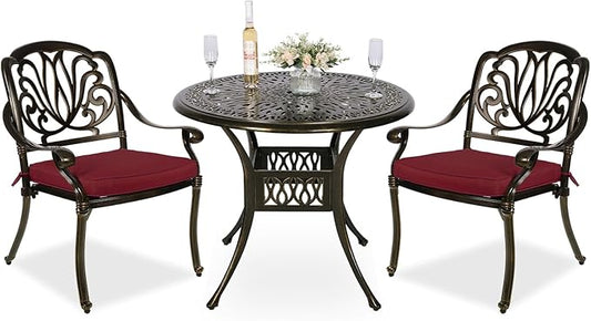 MEETWARM 3 Piece Patio Bistro Set, Outdoor All-Weather Cast Aluminum Dining Furniture Set Includes 2 Cushioned Chairs and a 35.4” Round Table with Umbrella Hole for Garden Deck, Chili Red
