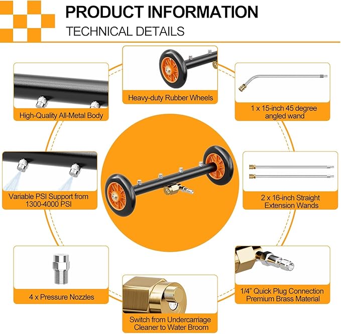 SPECILITE 16 Inch Undercarriage Pressure Washer Attachment for Cold & Hot Water Max 212℉, Power Washer Water Broom with 3 Extension Wands, Dual-Function Under Car Cleaner with 4 Nozzles, 4000 PSI