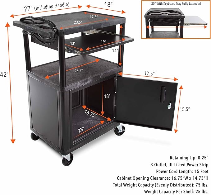 Line Leader Plastic AV Cart with Keyboard Tray and Locking Metal Cabinet, Heavy Duty Mobile Workstation with 4 Rolling Casters, 2 Locking Brakes, Heavy Duty, Holds up to 75 lbs (42 Inch w Cabinet)