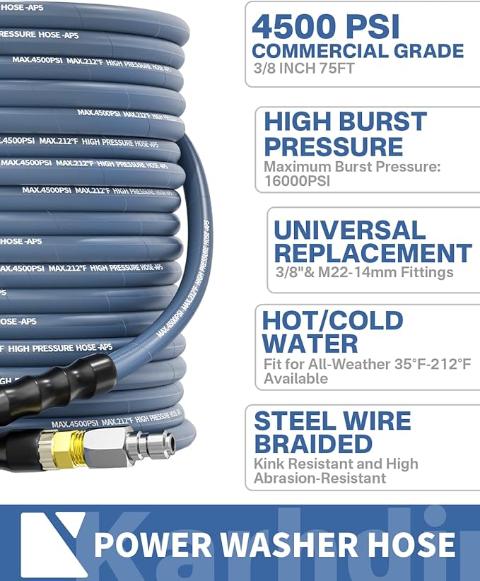 Pressure Washer Hose 75FT 3/8" for Cold and Hot Water 212°F, with Swivel Quick Connect, 4500PSI Kink Resistant Grade Steel Wire Braided, Power Washer Hose With 2pcs M22-14mm Adapter