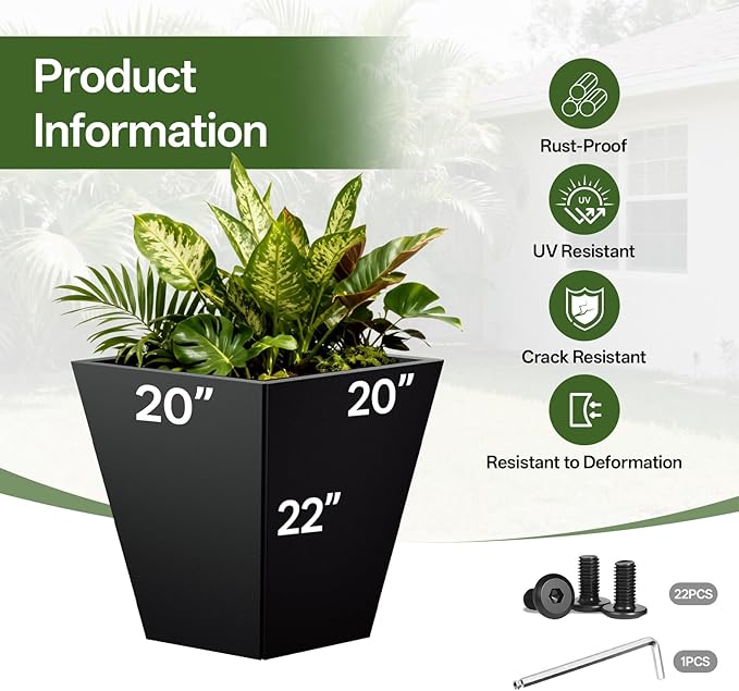 Metal Planter Box, 20" x 20"x 22", Heavy-Duty Galvanized Steel Outdoor Planter with Drainage Holes, Rectangular Planter for porches, Gardens, patios, and courtyards，Black