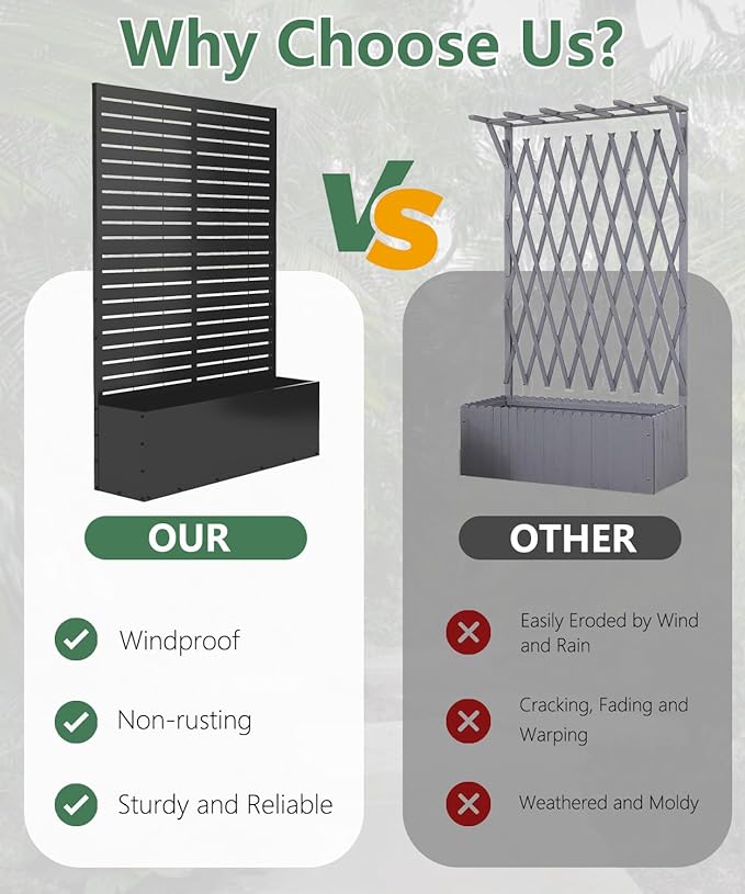 Metal Planter Box with Trellis,70.9"x47.2"x15.7" Raised Garden Bed with Drainage Holes, Privacy Planters for Outdoor Garden Bed for Climbing Plants,Vegetables,and Vines, Black-louvered
