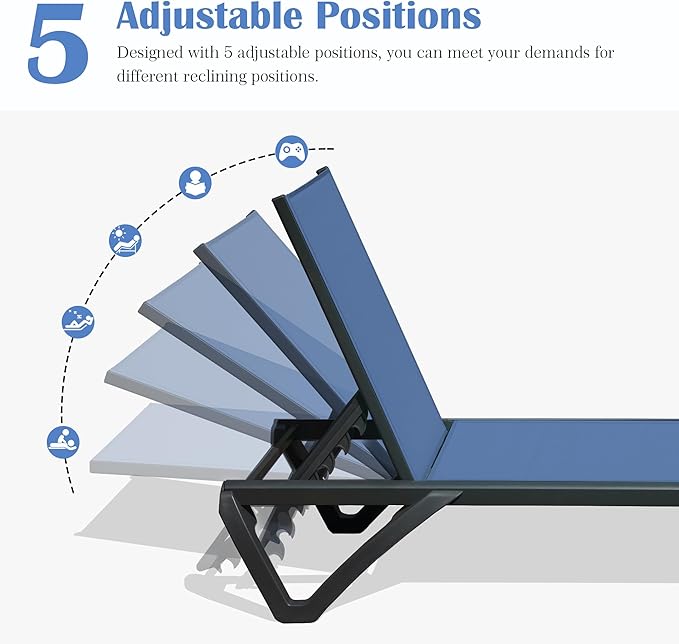 Domi Outdoor Lounge Chair, Aluminum Plastic Patio Chaise Lounge with Side Table & 5 Position Adjustable Backrest & Wheels, All Weather Pool Reclining Chair for Outside Beach Poolside Lawn, Navy Blue