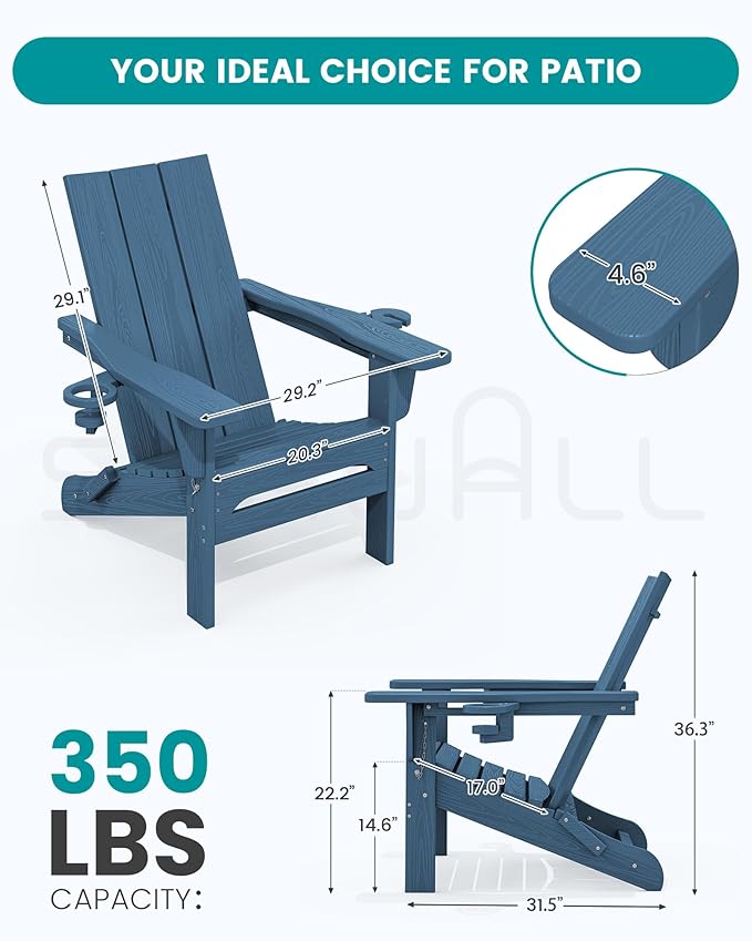SERWALL Modern Folding Adirondack Chair Set of 8, Weather Resistant Outdoor Adirondack Chair with Dual Cup Holders, HDPE Fire Pit Chairs for Patio Lawn Garden, Blue