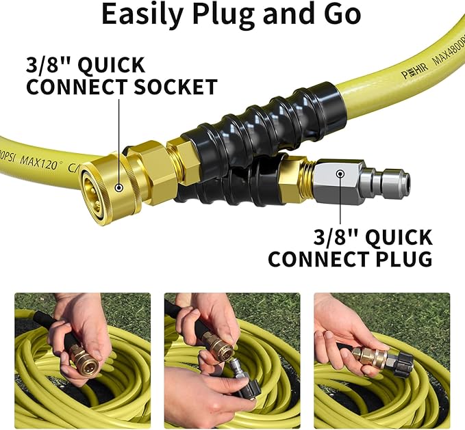 POHIR 100ft Pressure Washer Hose 3/8" 4800 PSI, Power Washer Hose with 3/8 Quick Connect, Hot & Cold Water Hose Max 248°F, Commercial Industrial Grade Steel Wire Braided Kink Proof Extension Hose
