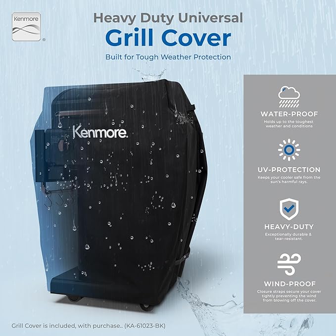 Kenmore 3-Burner Propane BBQ Grill, 30,000 BTUs Gas Grill with Cast Iron Cooking Grates, Folding Side Tables & Wheels, Outdoor Grill with Tool Hooks, Black/Copper + Bonus Cover