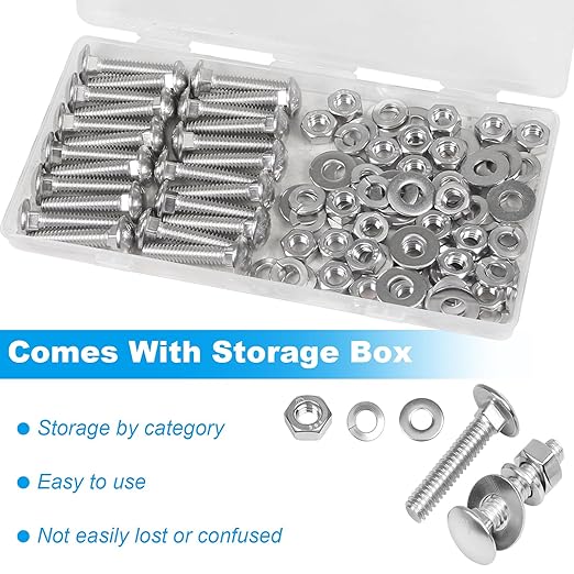 Yinpecly 24 Sets 1/4-20 x 1-1/4" Carriage Bolts Screws, 304 Stainless Steel Round Head Square Neck Carriage Bolts and Nuts Kit, with Flat & Lock Washers, Full Thread Coverage
