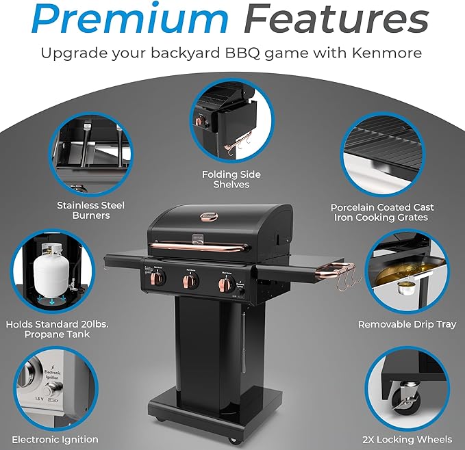 Kenmore 3-Burner Propane BBQ Grill, 30,000 BTUs Gas Grill with Cast Iron Cooking Grates, Folding Side Tables & Wheels, Outdoor Grill with Tool Hooks, Black/Copper + Bonus Cover