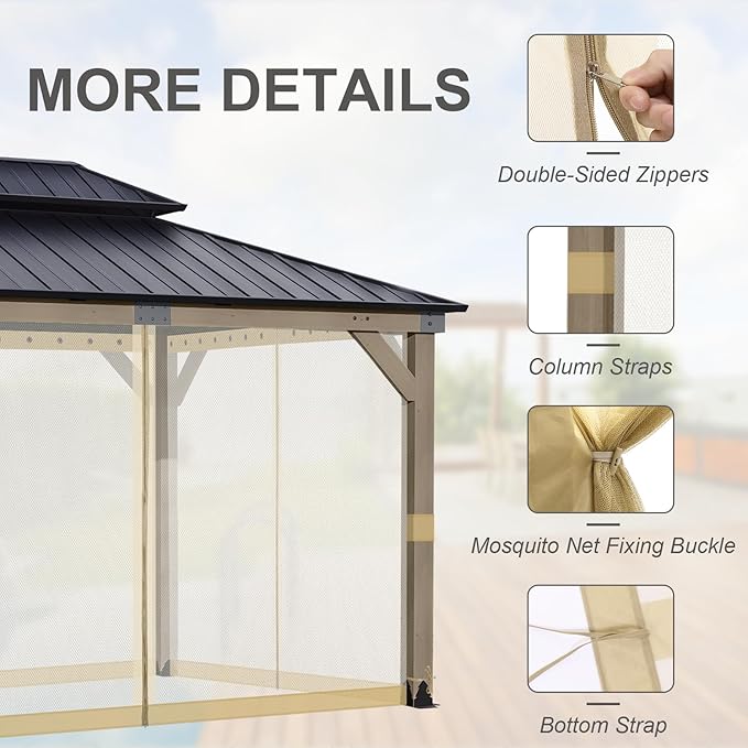BPS 12' x 16' Gazebo Universal Mosquito Netting Screen Replacement, 4-Panel Screen Walls with Double Zippers for Outdoor Patio, Khaki (Mosquito Net Only)