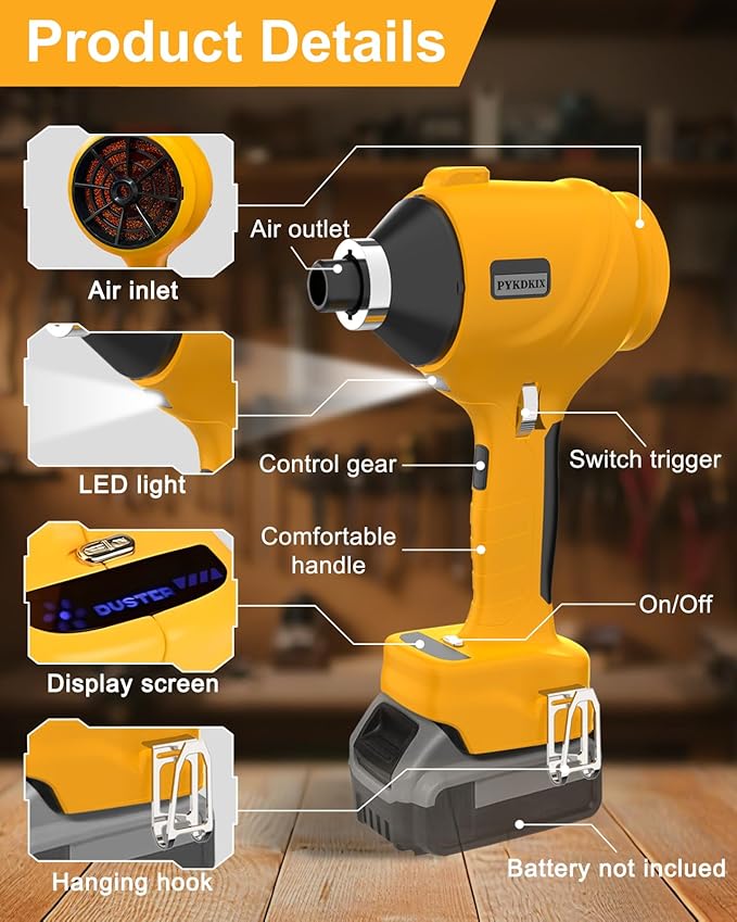 Cordless Air Blower for Dewalt 20V Battery- 3 Speeds, 130 MPH Mini Leaf Dust Blower, Electric Compressed Air Duster, Brushless Handheld Turbo Jet Blower for Garages, Sawmill, Workshop(No Battery)