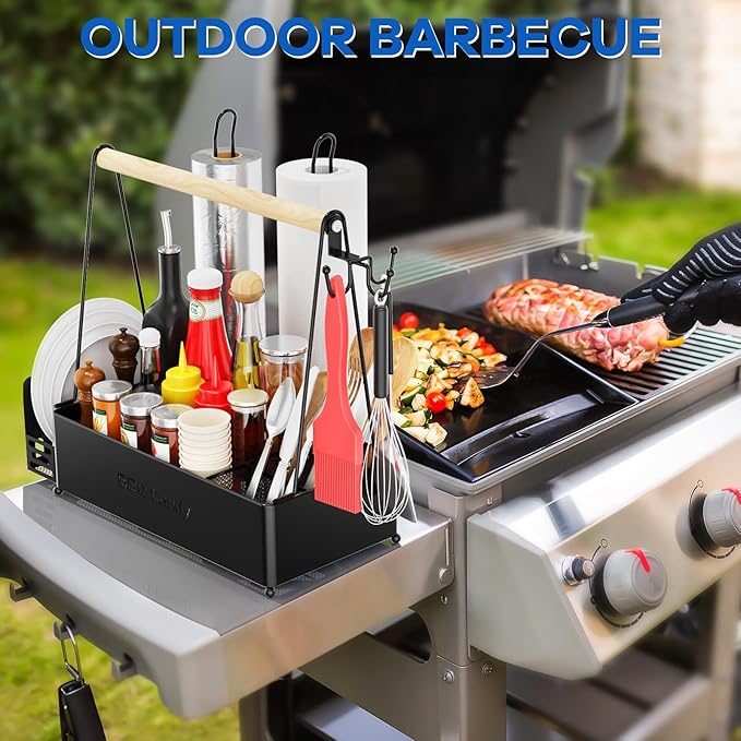 Grill Caddy, BBQ Caddy for Outdoor Grill with 2 Paper Towel Holders, Picnic Condiment Utensil Caddy for Outdoor, RV, Tailgating Essentials, Grilling Accessories, Camping kitchen, Gifts for Men