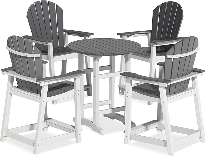 OTSUN 24 inch Tall Adirondack Chairs Set of 5, Patio Bar Stool Chairs with one Table, 400lbs, Widened Arms, All-Weather Balcony Chair for Backyard, Garden (White&Grey, 5 Sets)