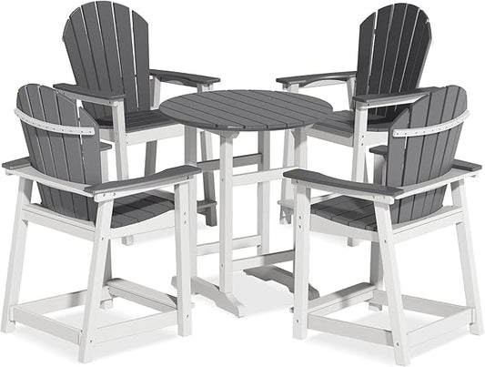 OTSUN 24 inch Tall Adirondack Chairs Set of 5, Patio Bar Stool Chairs with one Table, 400lbs, Widened Arms, All-Weather Balcony Chair for Backyard, Garden (White&Grey, 5 Sets)