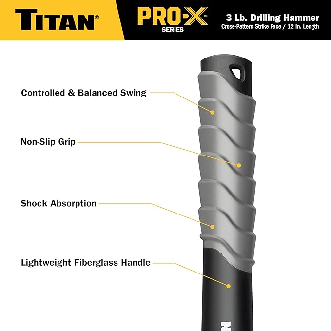 Titan Pro-X 63013 3lb Drilling Hammer, Dual-Face Sledge with Cross-Pattern Face for Concentrated Power & Flat Face for Stake Driving, Overstrike Protection, 12" Fiberglass Handle with Textured Grip