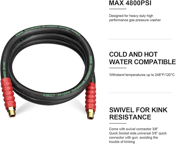 POHIR Pressure Washer Whip Hose 8FT, Reel Connector 248°F Hot/Cold Water Jumper Hose 3/8" with Quick Connect Adapter, Industry Grade Steel Wire Braided & Synthetic Rubber Jacket 4800 PSI