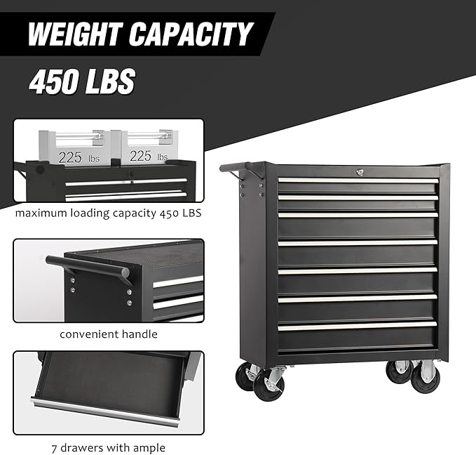 7 Drawers Tool Cart on Wheels, Multifunctional Rolling Storage Tool Chest,Drawers Rolling Tool Trolley Organizer Case for Garage,Warehouse,Workshop,Repair Shop (7 Drawers - Black)