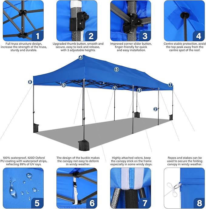 COBIZI 10x30 Pop up Canopy Heavy Duty Without Sidewalls, Easy Set-up Commercial Outdoor Party, 100% Waterproof Wedding Canopy Gazebo, 3 Height Adjustable with Wheeled Bag, Blue