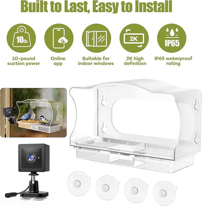 Freesason Waterproof Smart Bird Feeder Camera with AI Bird Recognition, 2K HD All-Weather Window Mount for Outdoor Viewing - The Ultimate Gift for Birds Watchers