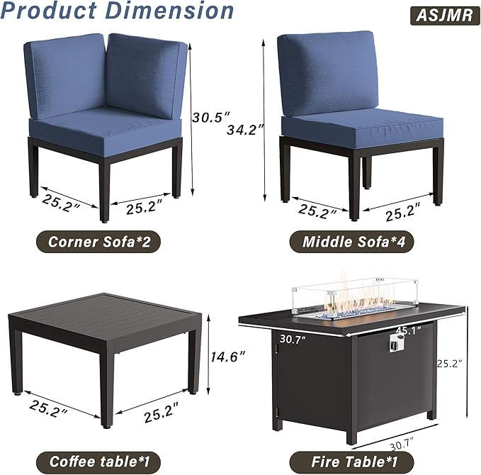 Patio Furniture Set,8 Pieces Modern Outdoor Conversation Set w/43in Gas Fire Pit Table, Outdoor Metal Sectional Sofa with 55000 BTU Propane Fire Pit.