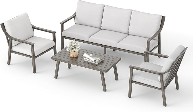 Patio Conversation Sets 4 Pieces - Aluminum 3 Seater Sofa Outdoor Furniture Sets with Thick Cushion, Coffee Table and Chairs Set of 2, Rustproof and Waterproof for Porch Deck Yard, Grey
