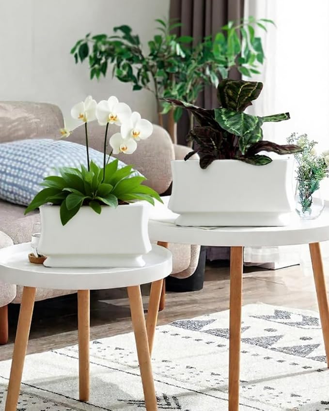 OXART Ceramic Plant pots Indoor Pots Set with Drainage Holes, 12+9 inch Flower Pot Rectangle Planters Pots for Plants for Plants Lilies, Cacti, Succulents, and Pothos, No Trays (White-4)