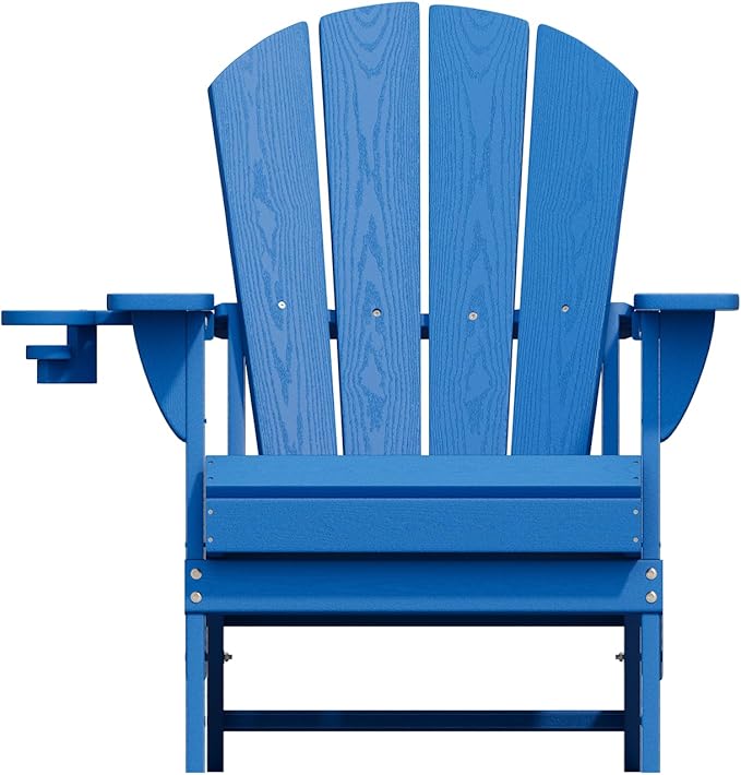 Folding Adirondack Chair with Cup Holders, HDPE Plastic Outdoor Chairs, Weather Resistant, Real Wood Look for Patio, Deck, Fire Pit, Backyard, Blue