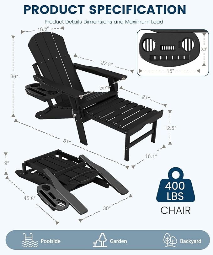 FOOWIN Folding Adjustable Adirondack Chair with Retractable Ottoman Set of 2,HDPE Adirondack Chair w/4 in 1 Cup Holder Trays,All-Weather Resistant Fire Pit Chair for Outdoor Patio Lawn, Black