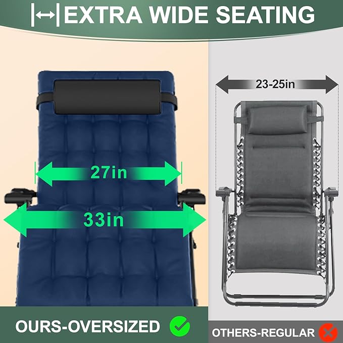 XXL Zero Gravity Lounge Chair 33", Oversized Padded Folding Recliner for Patio with Storage Bag, Removable Cushion, Footrest, Full Aluminum Lock & Large Cup Holder, Supports 500 lbs, Blue