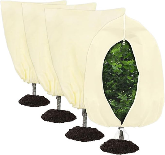 4-Pack Plant Covers Freeze Protection, Round Frost Blankets for Outdoor Plants (32"x48") – Winter Plant Covers, 2.4oz/yd² Frost Cloth Plant Protection for Trees, Shrubs & Potted Plants (Beige)