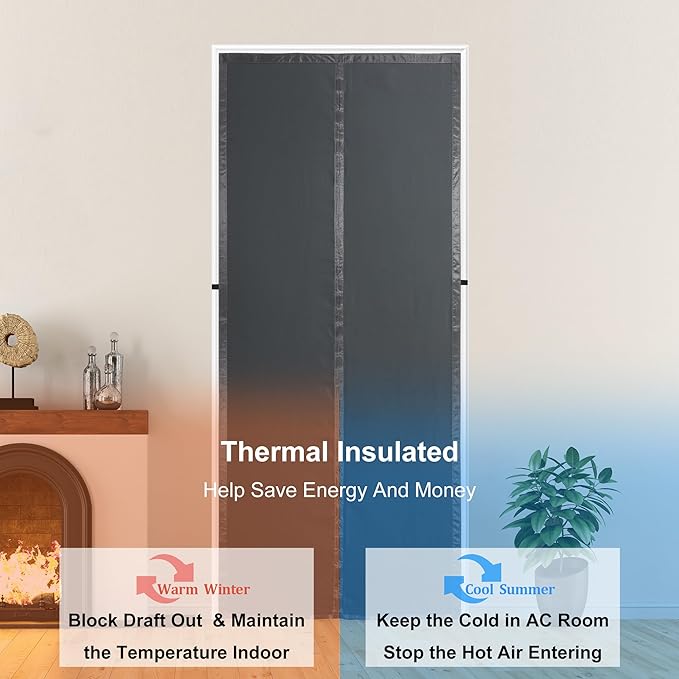 Magnetic Door Insulation Cover,Thicker Layered Fabric Thicker Doorway Thermal Curtains,Temporary Fabric Door Seal Cover,Keep Warm Winter,Dark Grey Fabric Window Insulation kit for Winter