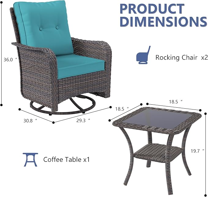 ALAULM Outdoor Swivel Rocking Chairs Set of 2 with 4”Thick Cushions and High Back,Wicker Patio Chairs w/Side Table for Patio, Porch, Poolside, Deck, Backyard, Garden-Blue