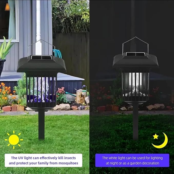 New & Improved 2 Pack Solar Powered Zapper- Enhanced Outdoor Flying Insect Killer- Hang or Stake in The Ground- Cordless Garden Lamp- Portable LED Machine- Best Stinger for Mosquitoes/Moths/Flies (1)