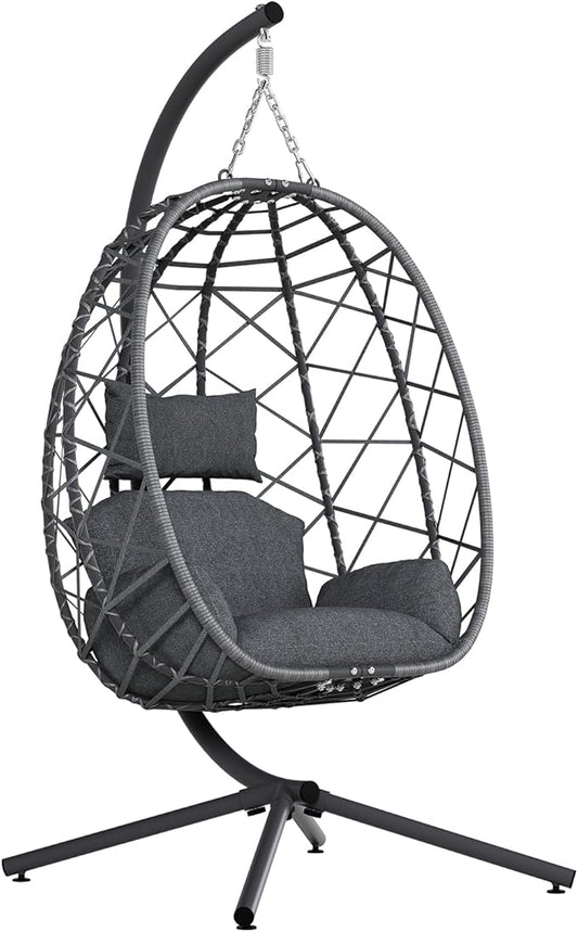 SWITTE Egg Swing Chair with Stand, Outdoor Patio Hanging Egg Chair, Indoor Hammock Chair with Cushion for Garden Backyard, 400LBS Capacity-Dark Grey