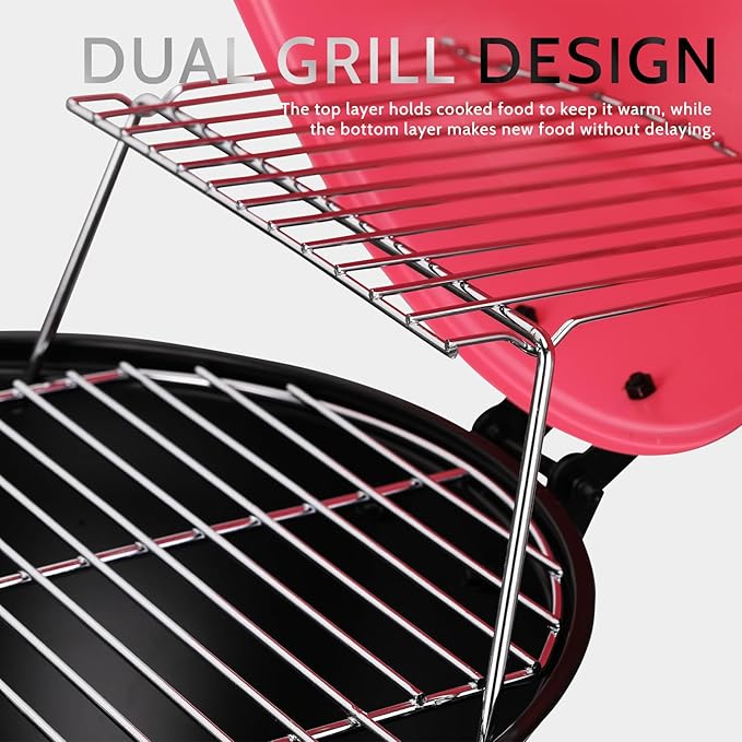 14-Inch Portable Barbecue Grill,Outdoor Small Grill with Dual Venting System and Warming Rack for Picnic, Camping, Backyard,Pink