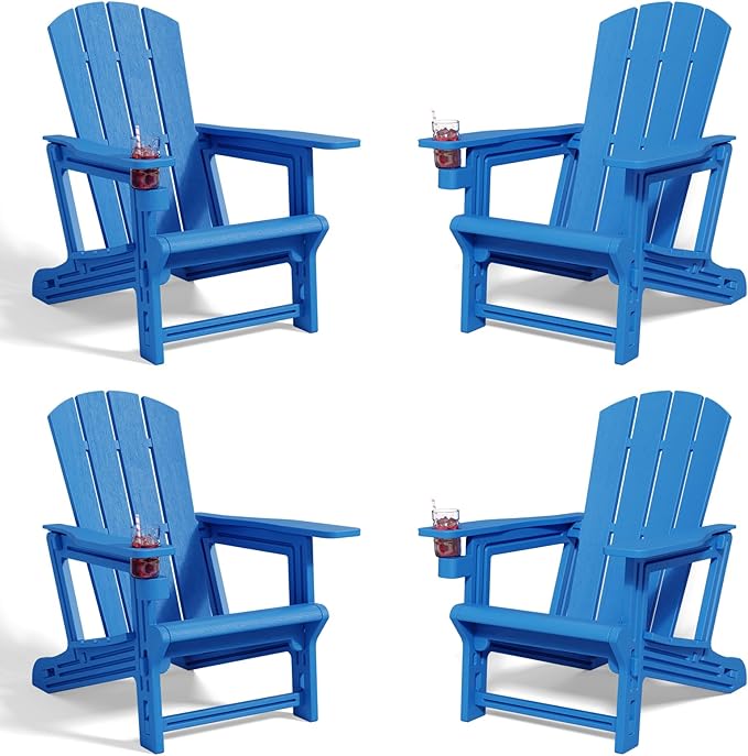 Adirondack Chair Set of 4, All Weather Plastic Adirondack Chairs, Fire Pit Chairs with Cup Holder, Outdoor Lawn Chair for Patio, Garden, Backyard, Klein Blue
