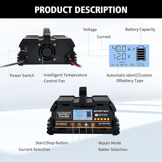 40A Battery Charger, 12V/24V Lead Acid Charger, 12V LiFePO4 Charger. Smart Battery Charger with Trickle Charge.Car Battery Maintainer with LCD Display. Suitable for Trucks,AMG,Motorcycles