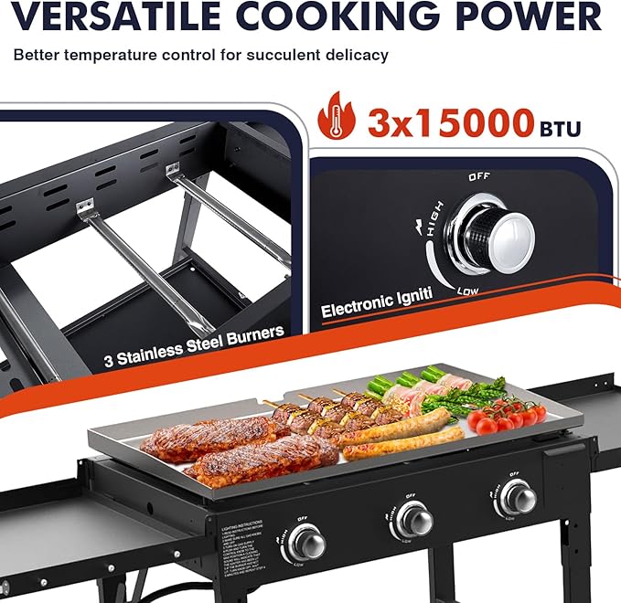 Llamaviva 3 Burner 35" Flat Top Grill with Foldable Shelves 45000 BTU Outdoor Griddle for Propane High-Pressure Systems Portable BBQ Grill