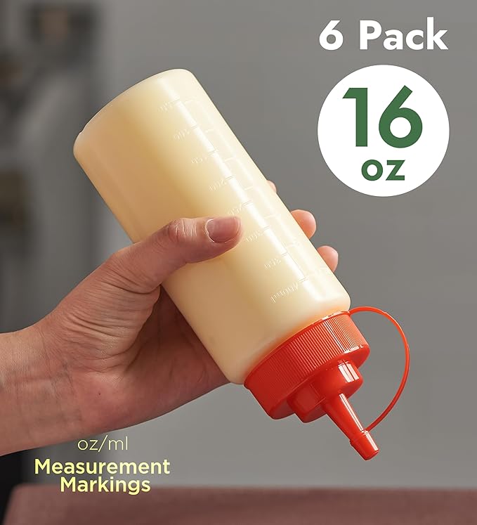 CURTA 6-Pack 16 oz Clear Squeeze Bottle with Cap, BPA-Free Easy-to-Squeeze Plastic Condiment Dispenser with oz & ml Markings for Sauce, Oil, Dressing, Dishwasher Safe, Red