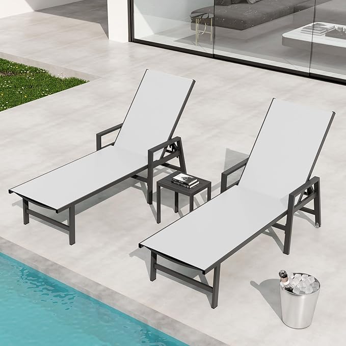 Aluminum Chaise Lounge Chair Outdoor (Set of 2) -Patio Lounge Chair with Wheels and 5-Position Adjustable Backrest and Outdoor Recliner Full Flat Tanning Chair for Beach,Patio,Lawn,Pool,White