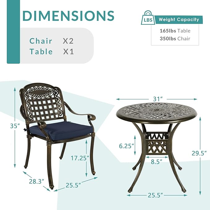 MEETWARM 3 Piece Patio Bistro Set, Outdoor All-Weather Cast Aluminum Dining Furniture Set Includes 2 Chairs with Cushions and a 31” Round Table with Umbrella Hole for Garden Deck, Navy Blue