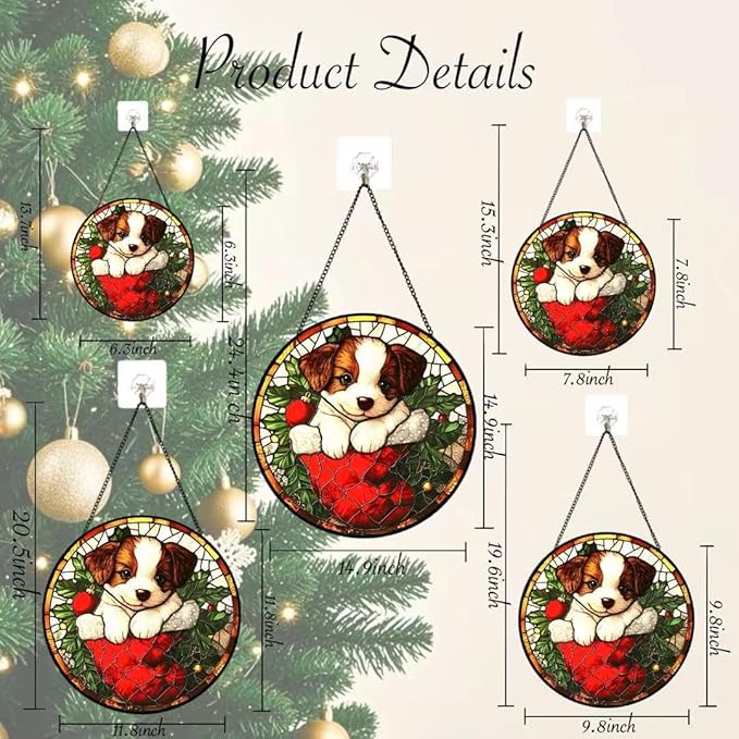 Stained Glass Window Hanging - A Dog in Christmas Stockings Suncatcher fof Garden Home Decor for Women Mon Grandma Friends