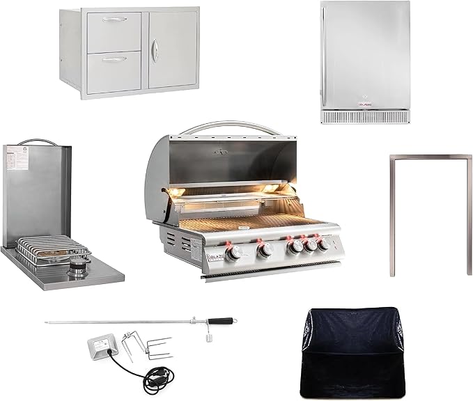 BLAZE BBQ Outdoor Package of 32” LTE Built-in Gas Grill, Gas Dop-In Single Side Burner, 32” Door & Two Drawers Combo, 24” Refrigerator and Accessories (Grill Cover, Fridge Trim, and Rotisserie Kit)