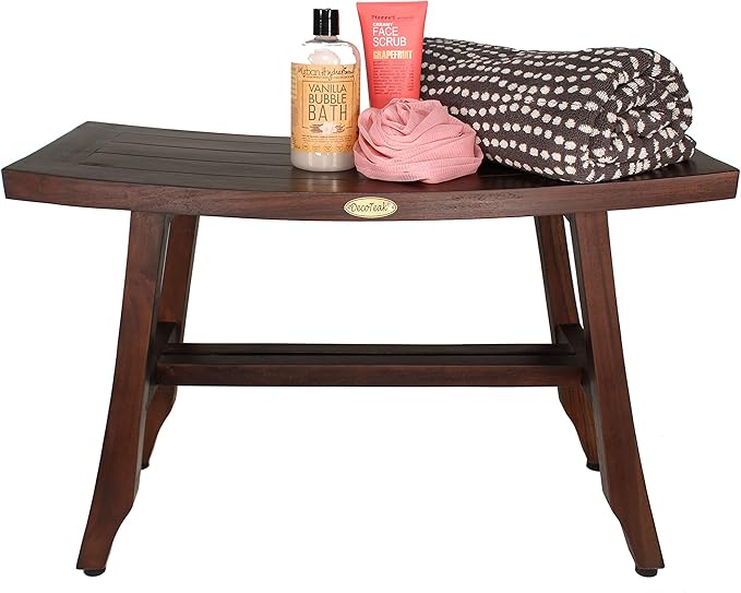DecoTeak Teak Shower Bench – 28 Inch Waterproof Wooden Seat for Inside Shower Spa-Quality Shower Chair | Curved Seat for Adults | Non-Slip Feet | Large Storage Shelf
