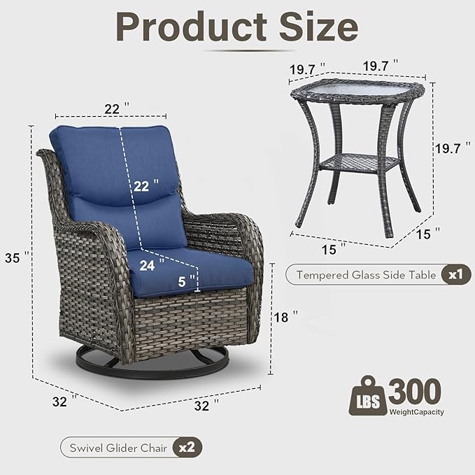 Outdoor Swivel Rocker Patio Chairs with 5" Thick Cushion - 3 Piece Wicker Bistro Set with Side Table, High Back Comfty Outdoor Glider Chairs for Balcony, Porch, Deck, Poolside - Gray/Blue