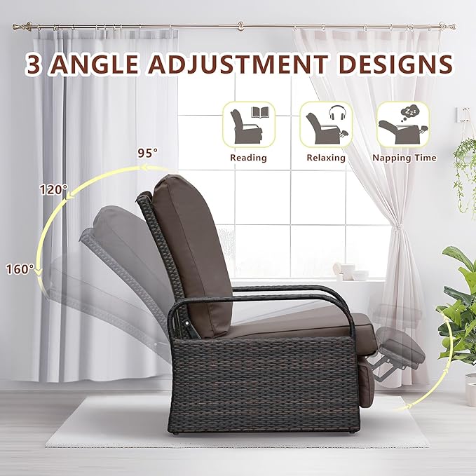 ART TO REAL Outdoor Recliner, Outdoor Wicker Recliner Chair with 5.12'' Thickness Cushions, Automatic Adjustable Rattan Patio Chaise Lounge Chairs, Aluminum Frame, Anti-UV and Rustless