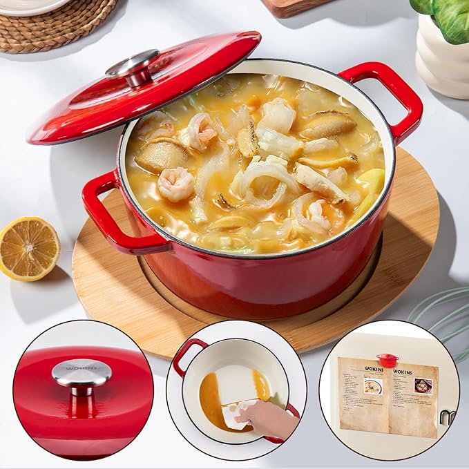 Enamel Cast Iron Dutch Oven with Lid,Dual Handles,Heavy-Duty Cookware for Sourdough Bread Baking,Braising,Stews,Roasting,Oven Safe up to 500° F,7QT,red