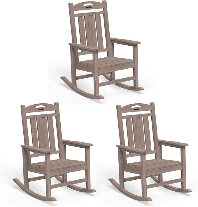 Ciokea Outdoor Rocking Chairs Set of 3, HDPE Porch Rocking Chairs for Outside, All-Weather Comfortable Patio Rockers for Front Deck Balcony, Teak