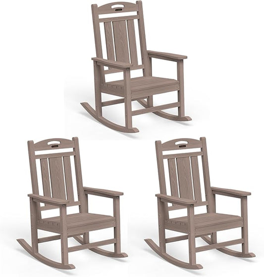 Ciokea Outdoor Rocking Chairs Set of 3, HDPE Porch Rocking Chairs for Outside, All-Weather Comfortable Patio Rockers for Front Deck Balcony, Teak