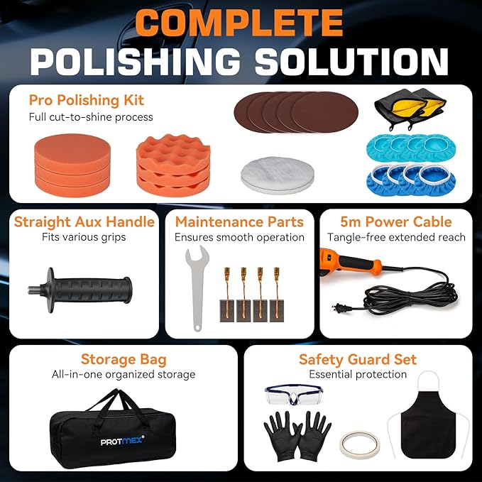 Protmex 1200W Car Buffer Polisher - 6 Inch Dual Action Polisher w/Constant Power - 6 Variable Speed 2500-6000RPM Orbital Polisher -Comfortable Grip Car Wax Buffer Polisher for Car Detailing Polishing